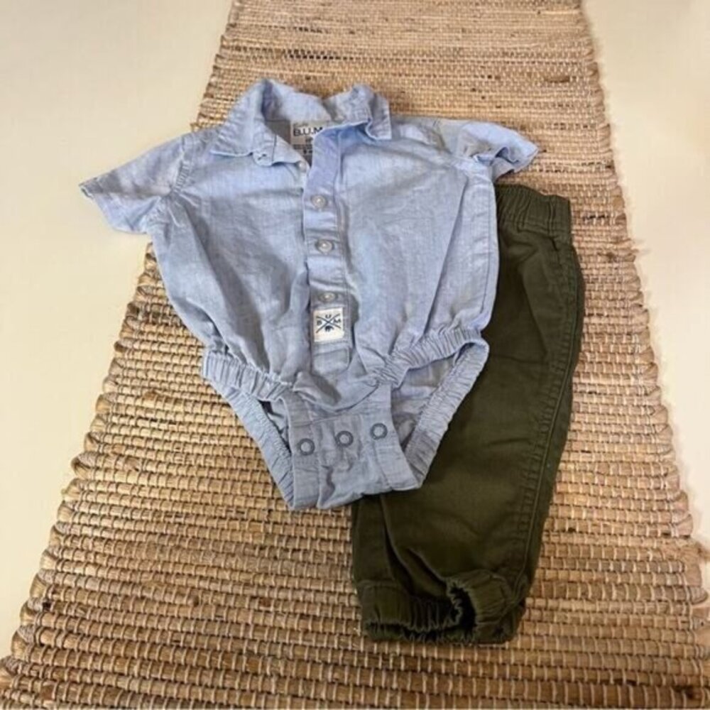 Baby Bum Chambray Shirt And Olive Pants Outfit Size 9‎ Month